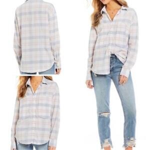 Free People Loveland pink Purple Plaid Shirt Women’s Size Large
